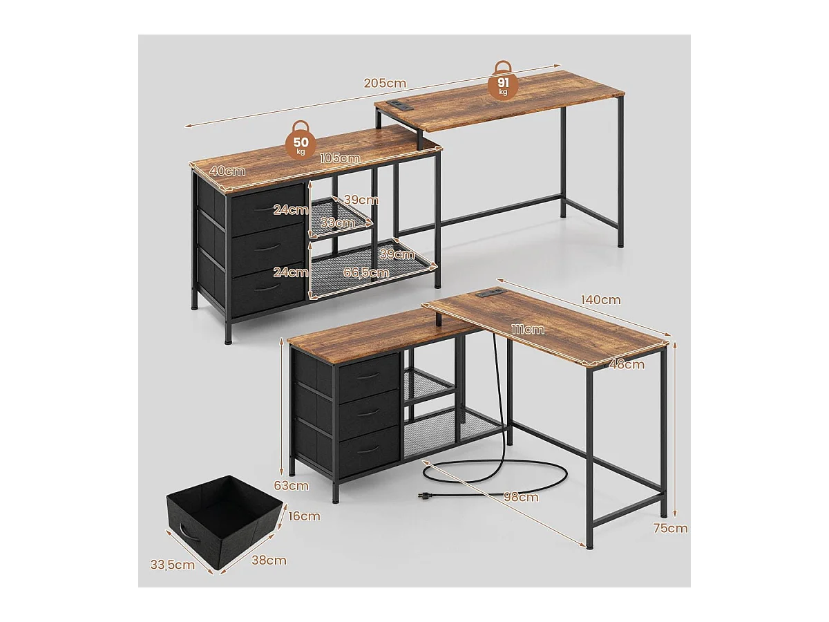 Bureau d'Angle Convertible avec Prise de Courant Bureau en Forme de L avec 3 Tiroirs en Tissu et Étagères en Maille Métallique Café
