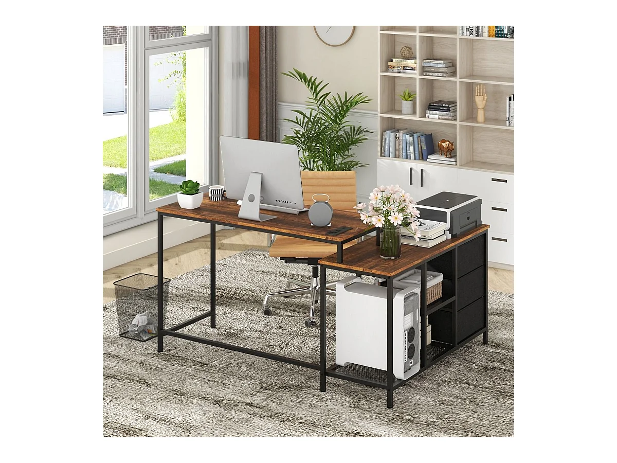 Bureau d'Angle Convertible avec Prise de Courant Bureau en Forme de L avec 3 Tiroirs en Tissu et Étagères en Maille Métallique Café