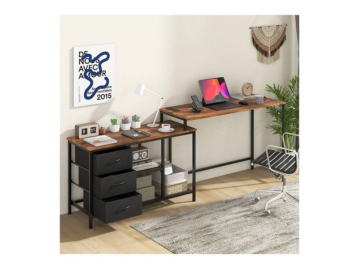 Bureau d'Angle Convertible avec Prise de Courant Bureau en Forme de L avec 3 Tiroirs en Tissu et Étagères en Maille Métallique Café