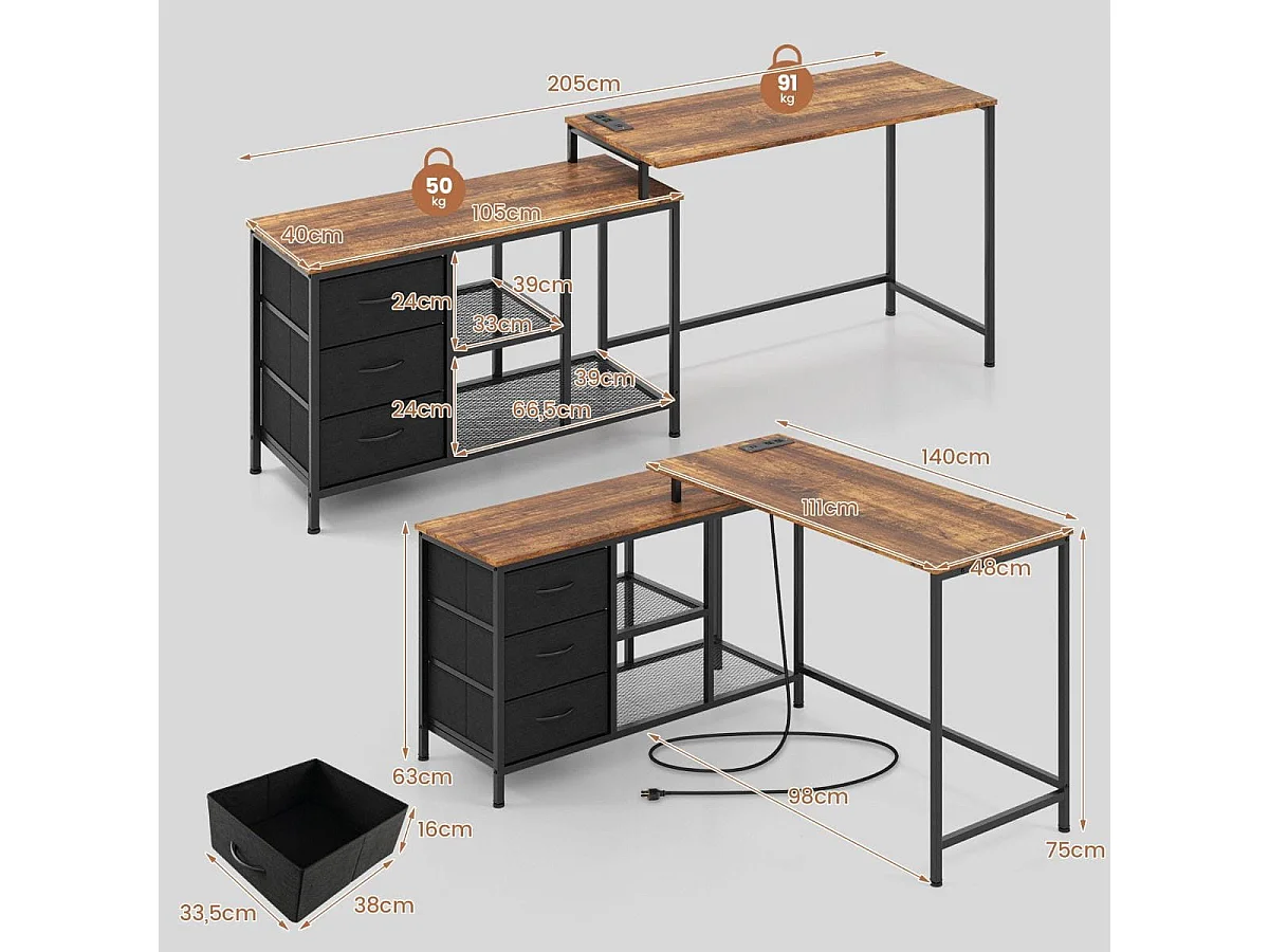 Scrivania per computer a forma di L con prese, Scrivania convertibile con 3 cassetti di tessuto e ripiani in metallo Marrone