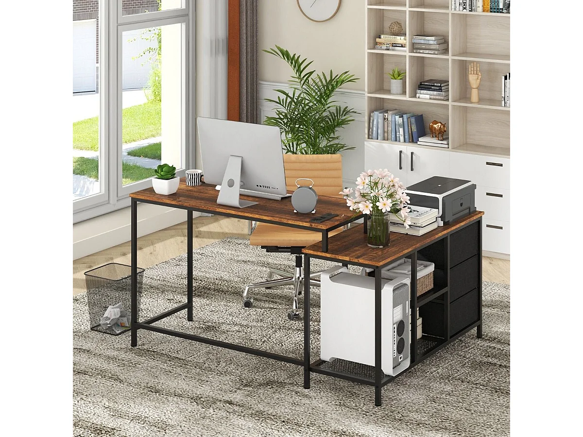 Scrivania per computer a forma di L con prese, Scrivania convertibile con 3 cassetti di tessuto e ripiani in metallo Marrone