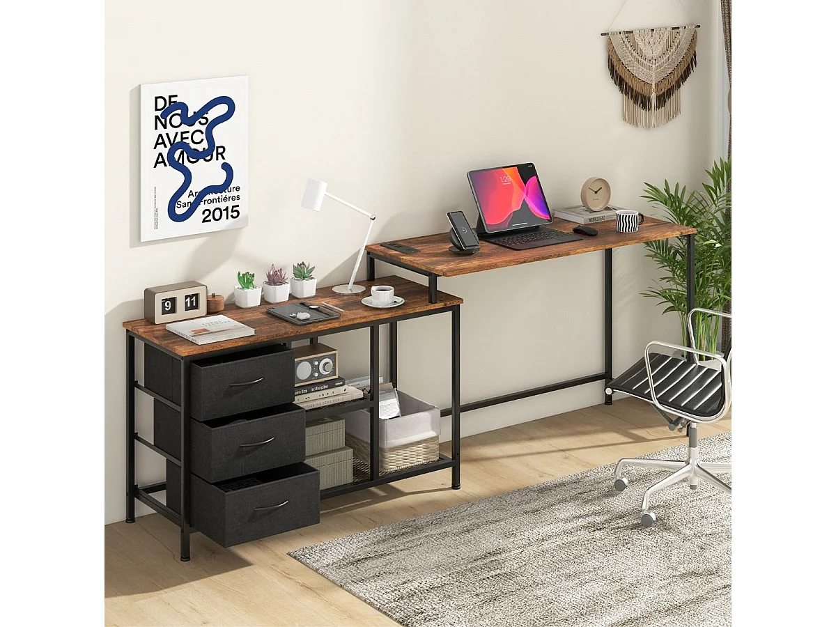 Scrivania per computer a forma di L con prese, Scrivania convertibile con 3 cassetti di tessuto e ripiani in metallo Marrone