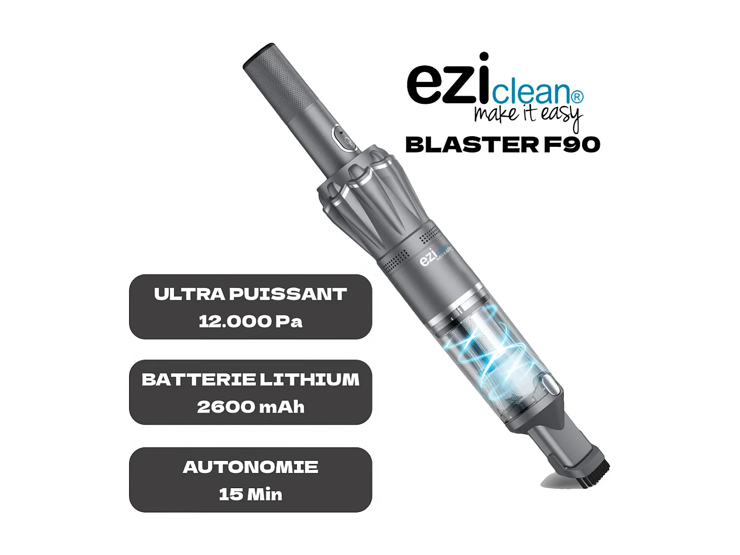 Handstofzuiger eziclean® Blaster F90 Draadloos 90W Grijs voor Bank - Krachtige Li-ion Batterij en Veelzijdige Accessoires