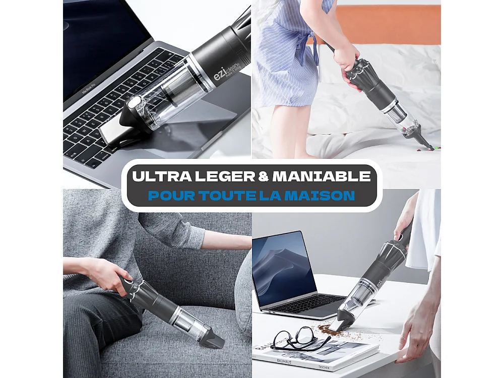 Handstofzuiger eziclean® Blaster F90 Draadloos 90W Grijs voor Bank - Krachtige Li-ion Batterij en Veelzijdige Accessoires