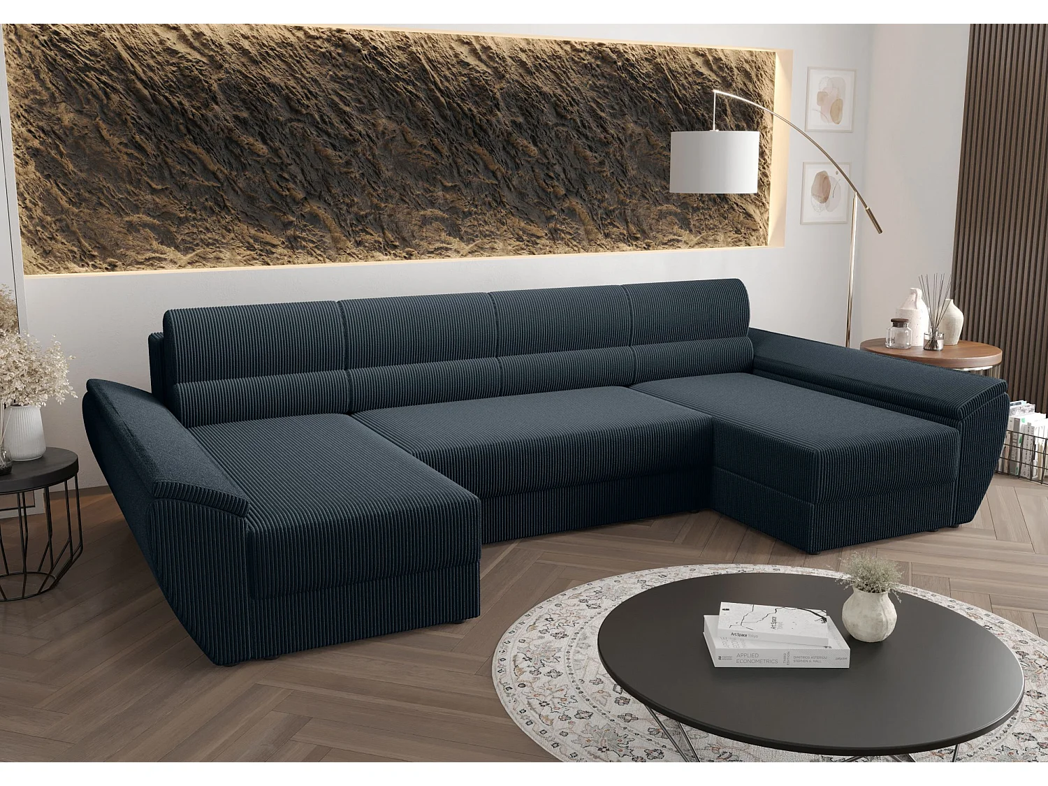 BEDANTE canapé d’angle REBIU4 Poso 05 bleu foncé avec fonction de couchage canapé en L avec espace de rangement