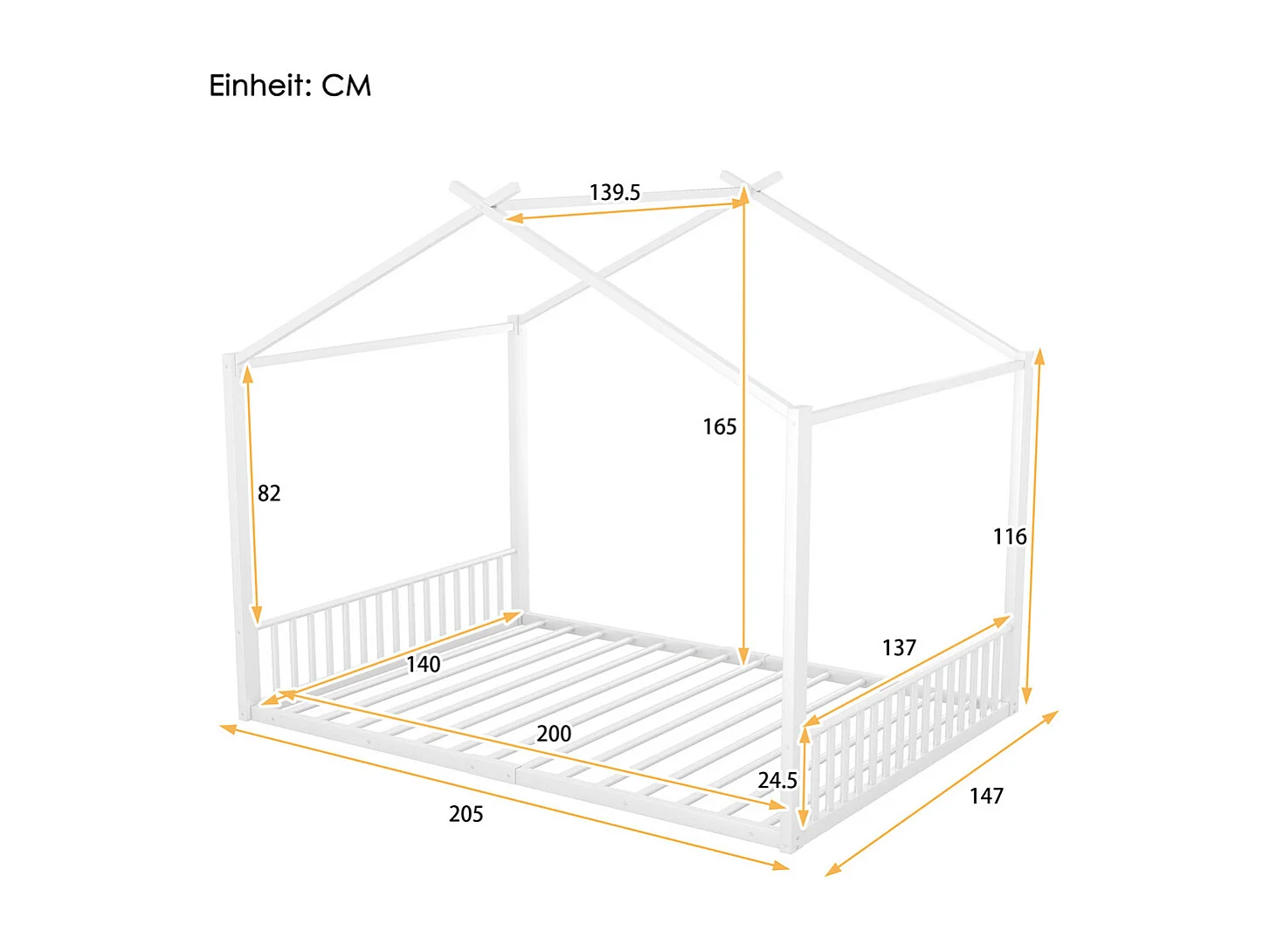 Lit d'enfant lit rembourré 140x200cm, cadre de lit en fer, rampe d'escalier, métal, blanc, sans matelas