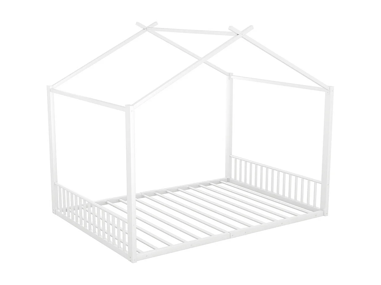 Lit d'enfant lit rembourré 140x200cm, cadre de lit en fer, rampe d'escalier, métal, blanc, sans matelas