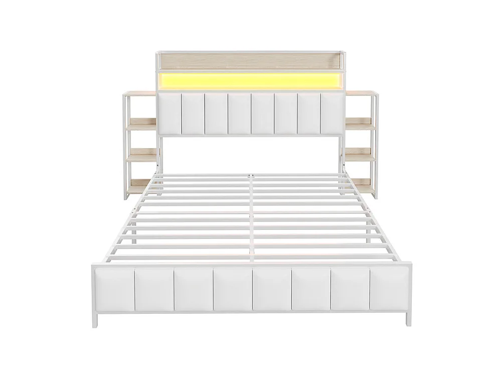 Lit jeune lit 160x200 cm lit rembourré avec étagères et éclairage led lit double cuir synthétique blanc
