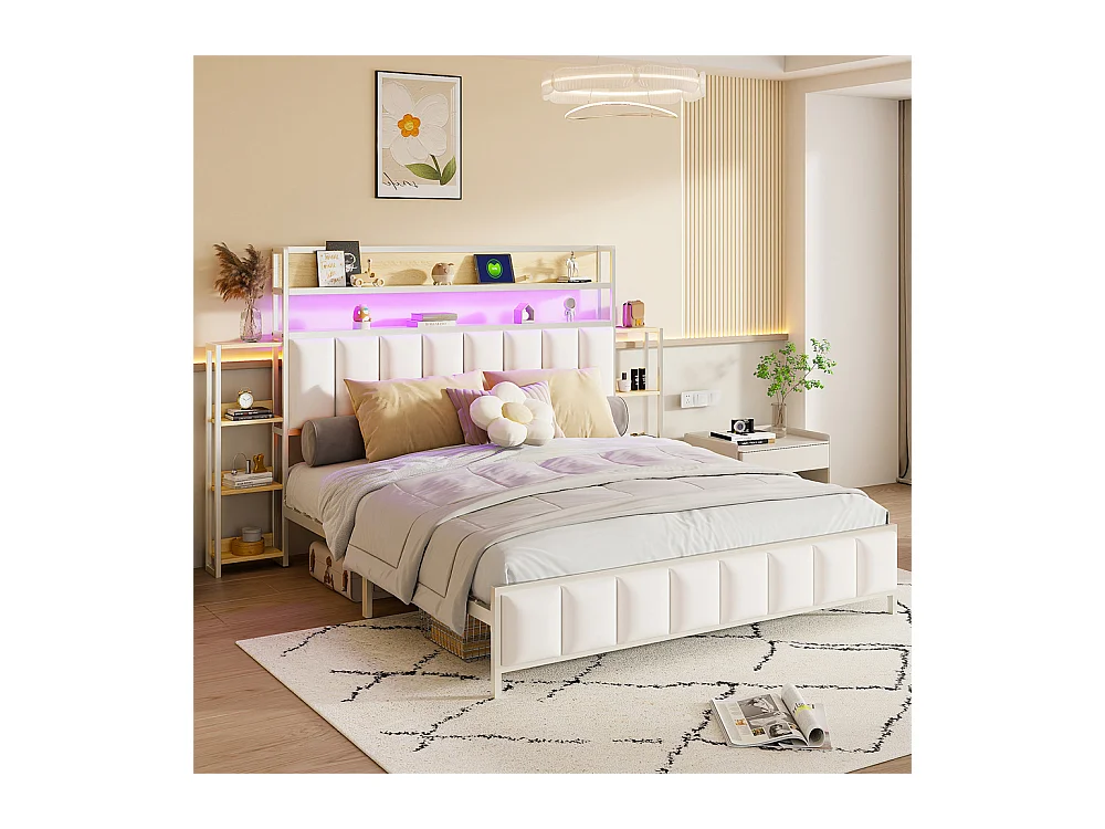 Lit jeune lit 160x200 cm lit rembourré avec étagères et éclairage led lit double cuir synthétique blanc