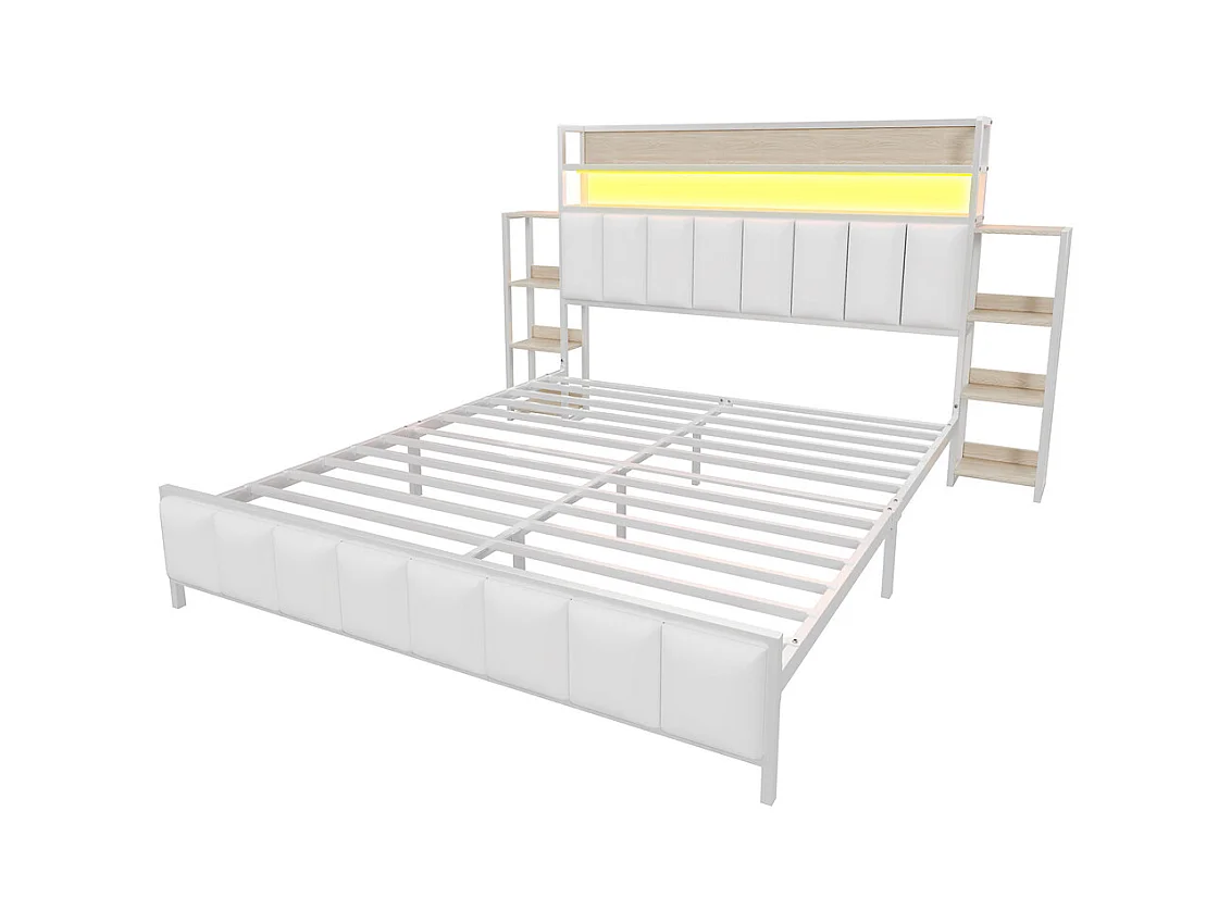 Lit jeune lit 160x200 cm lit rembourré avec étagères et éclairage led lit double cuir synthétique blanc