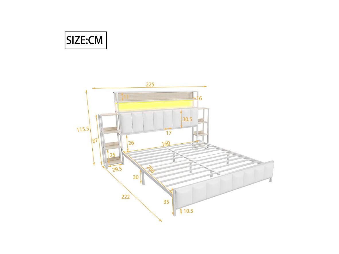 Lit jeune lit 160x200 cm lit rembourré avec étagères et éclairage led lit double cuir synthétique blanc
