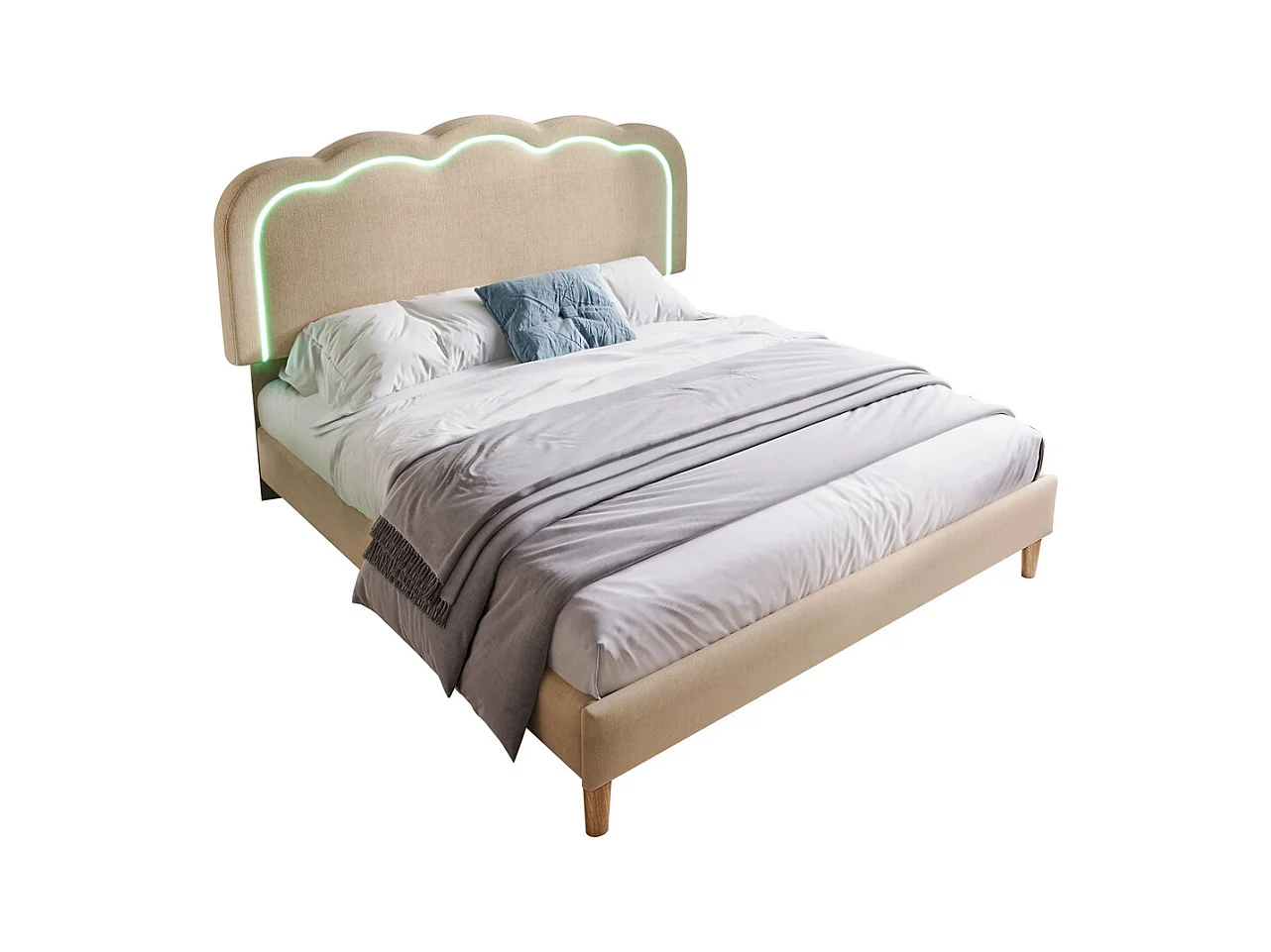 Lit jeune lit 140x200 cm lit lattes de bois lit rembourré lit led double lin beige