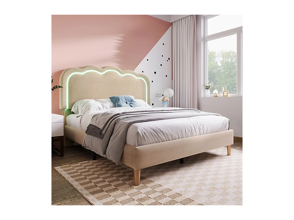 Lit jeune lit 140x200 cm lit lattes de bois lit rembourré lit led double lin beige