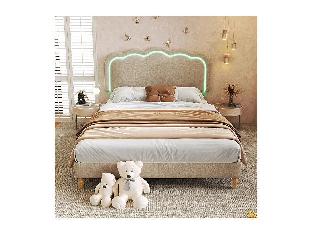 Lit jeune lit 140x200 cm lit lattes de bois lit rembourré lit led double lin beige