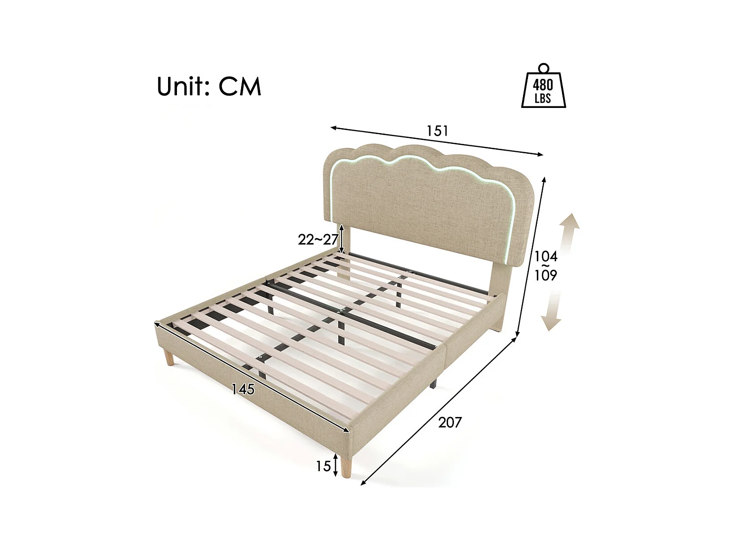 Lit jeune lit 140x200 cm lit lattes de bois lit rembourré lit led double lin beige
