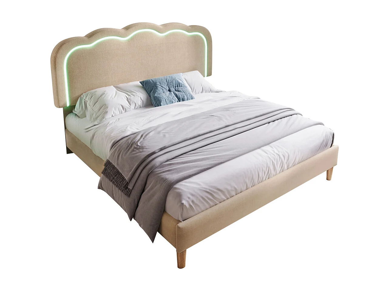 Lit jeune lit 140x200 cm lit lattes de bois lit rembourré lit led double lin beige