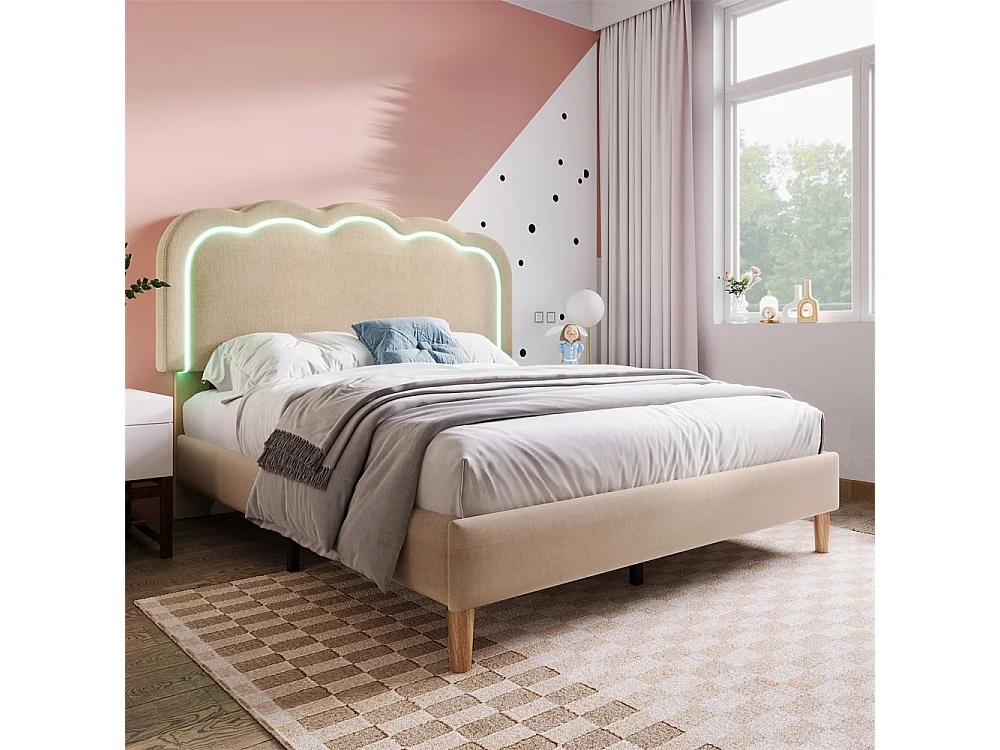 Lit jeune lit 140x200 cm lit lattes de bois lit rembourré lit led double lin beige