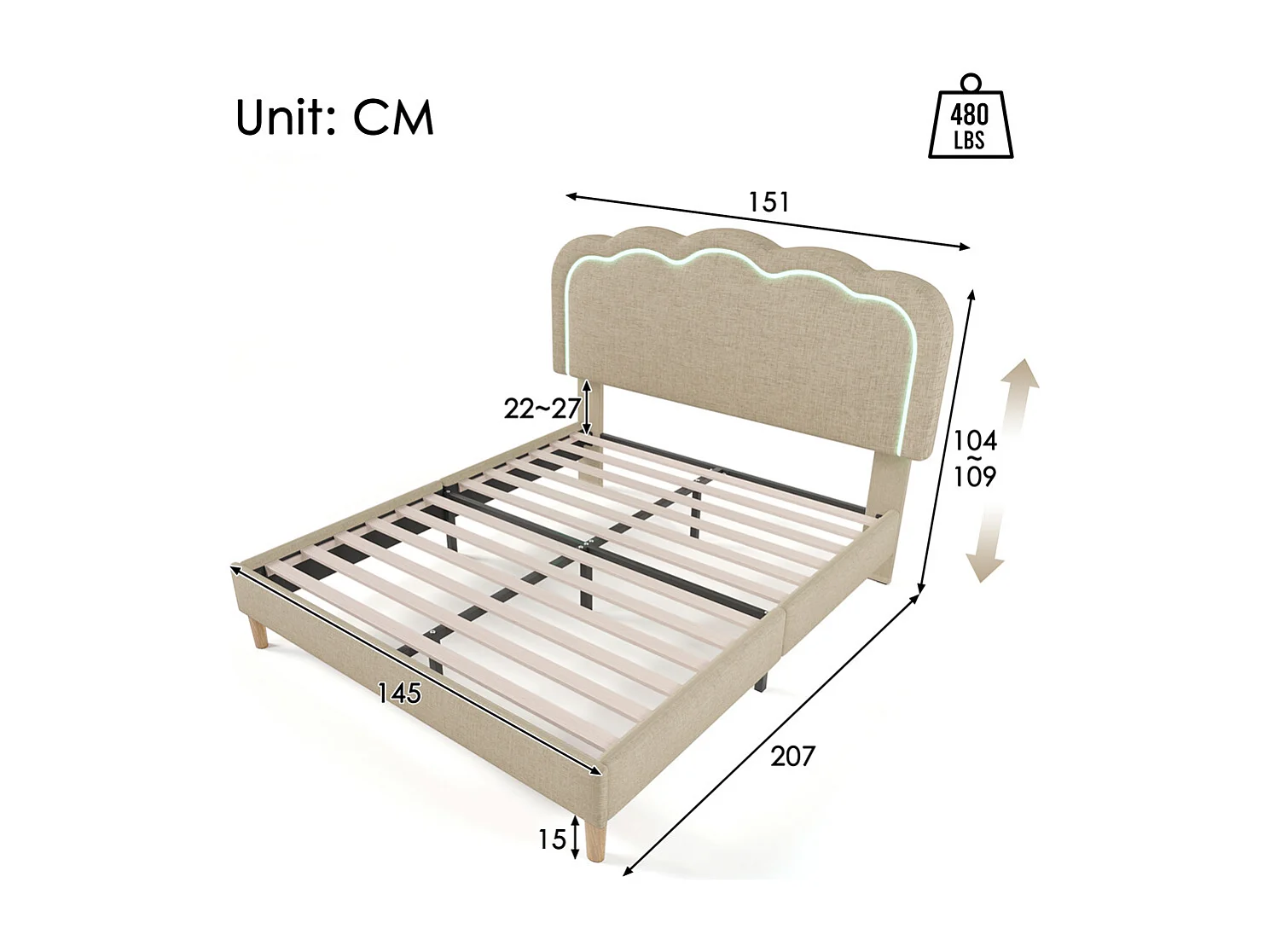 Lit jeune lit 140x200 cm lit lattes de bois lit rembourré lit led double lin beige