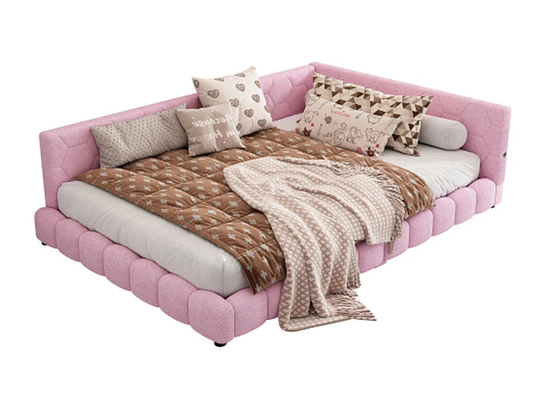 Lit de jour 140x200cm, canapé-lit avec sommier à lattes, lumière d'ambiance 16 couleurs, connexion usb, type-c, fleece+mdf, rose, sans matelas