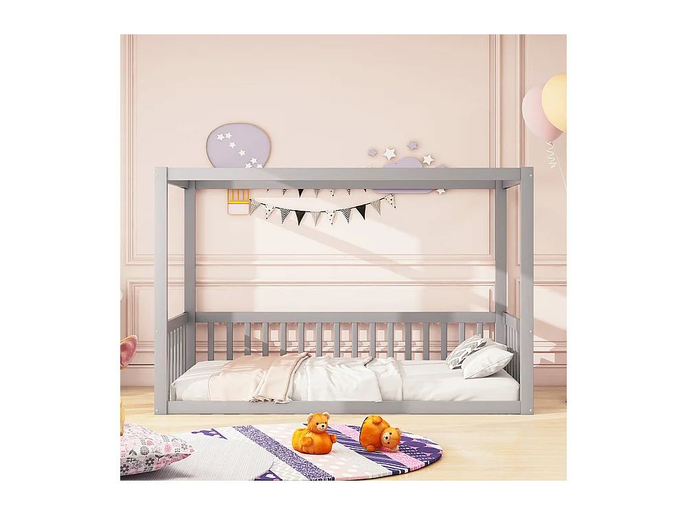 Lit à baldaquin pour enfants 90x200 cm, cadre de lit en bois massif pour enfants, adolescents, gris