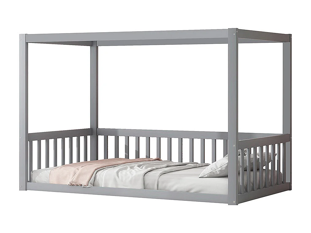 Lit à baldaquin pour enfants 90x200 cm, cadre de lit en bois massif pour enfants, adolescents, gris