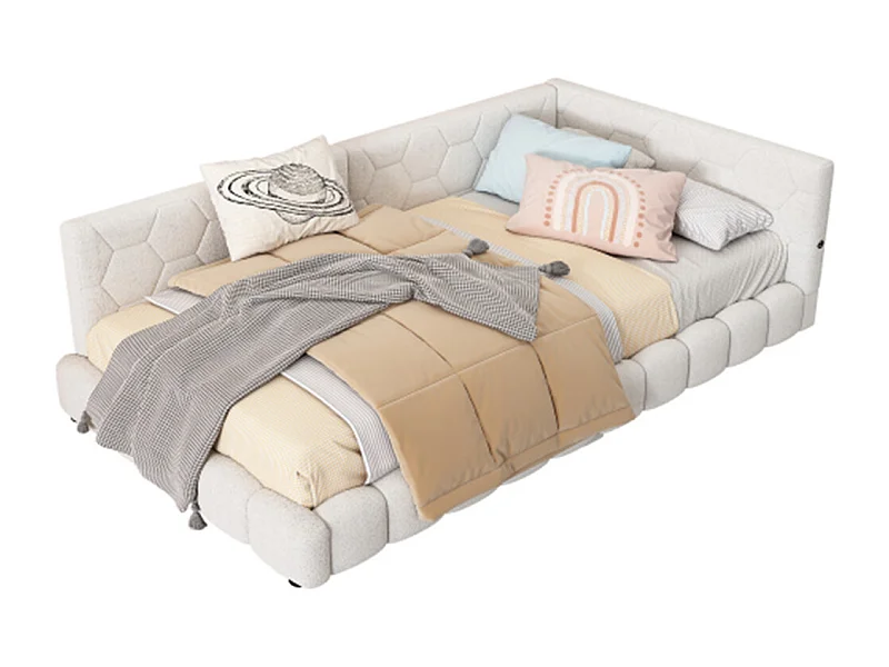 Lit de jour 90x200cm, canapé-lit avec sommier à lattes, lumière d'ambiance 16 couleurs, connexion usb, type-c, fleece+mdf, blanc, sans matelas