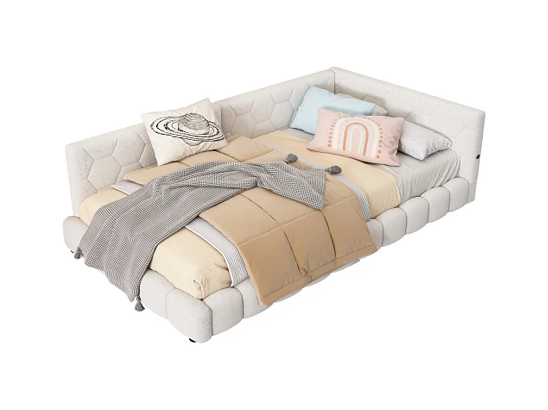 Lit de jour 90x200cm, canapé-lit avec sommier à lattes, lumière d'ambiance 16 couleurs, connexion usb, type-c, fleece+mdf, blanc, sans matelas