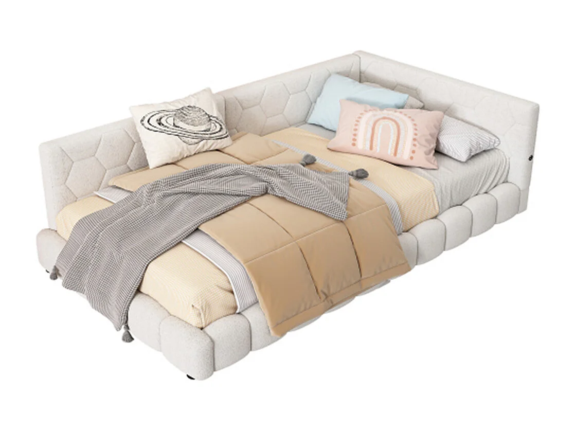 Lit de jour 90x200cm, canapé-lit avec sommier à lattes, lumière d'ambiance 16 couleurs, connexion usb, type-c, fleece+mdf, blanc, sans matelas