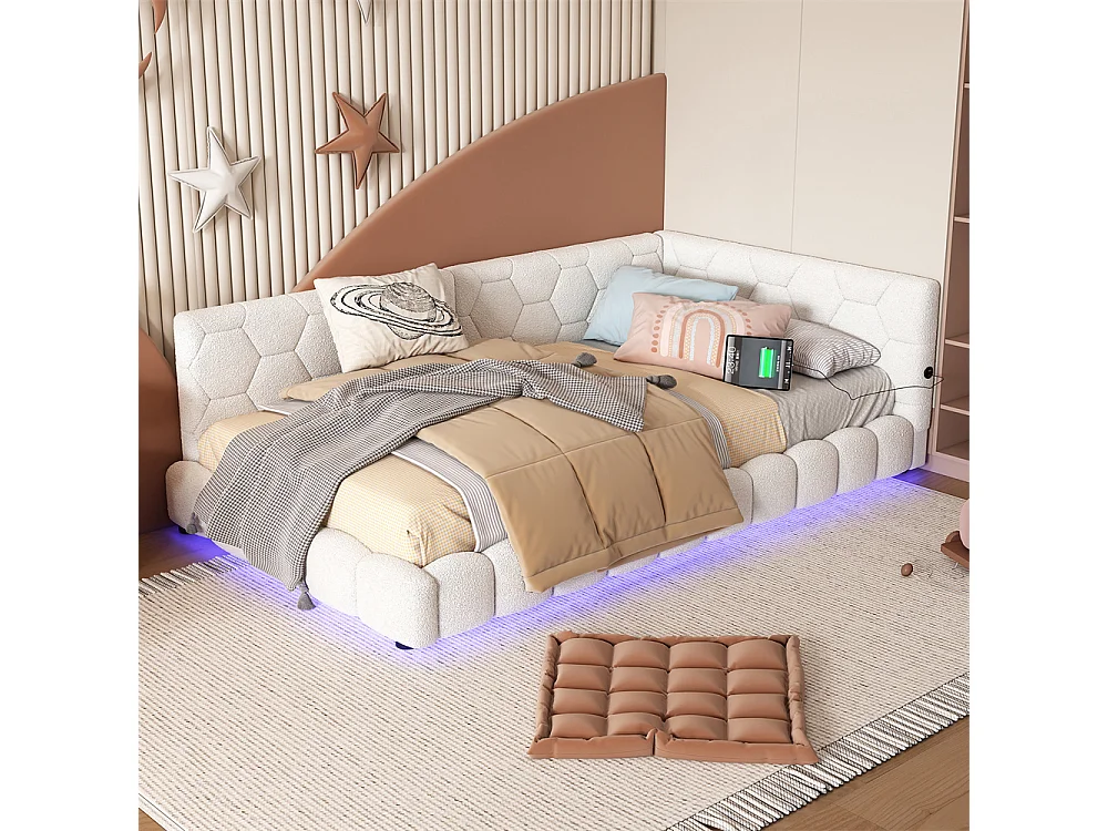 Lit de jour 90x200cm, canapé-lit avec sommier à lattes, lumière d'ambiance 16 couleurs, connexion usb, type-c, fleece+mdf, blanc, sans matelas