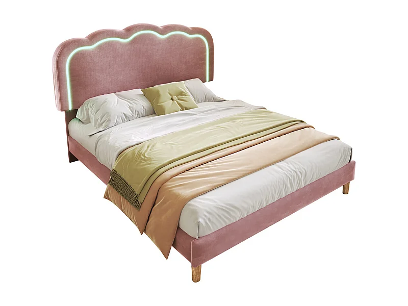 Lit jeune lit 140x200 cm lit lattes de bois lit rembourré lit led double velours rose