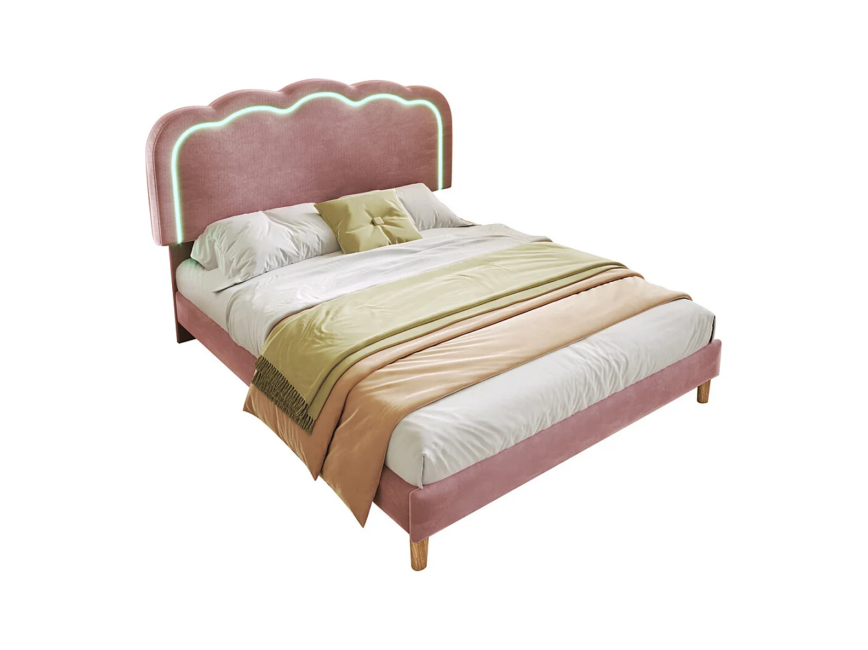 Lit jeune lit 140x200 cm lit lattes de bois lit rembourré lit led double velours rose