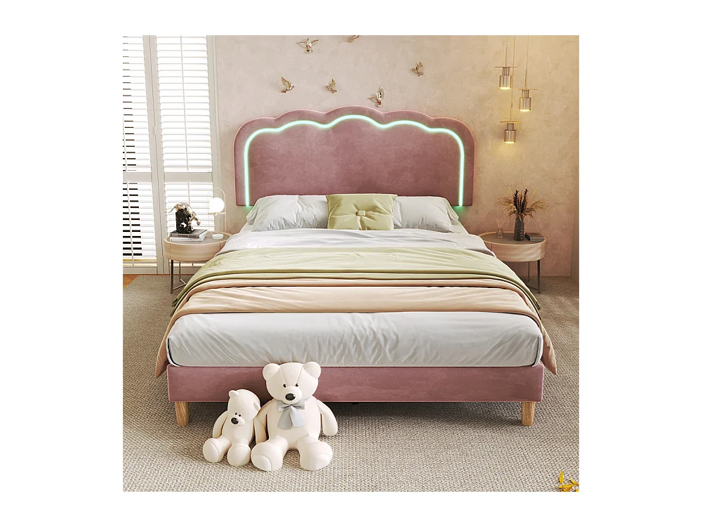 Lit jeune lit 140x200 cm lit lattes de bois lit rembourré lit led double velours rose