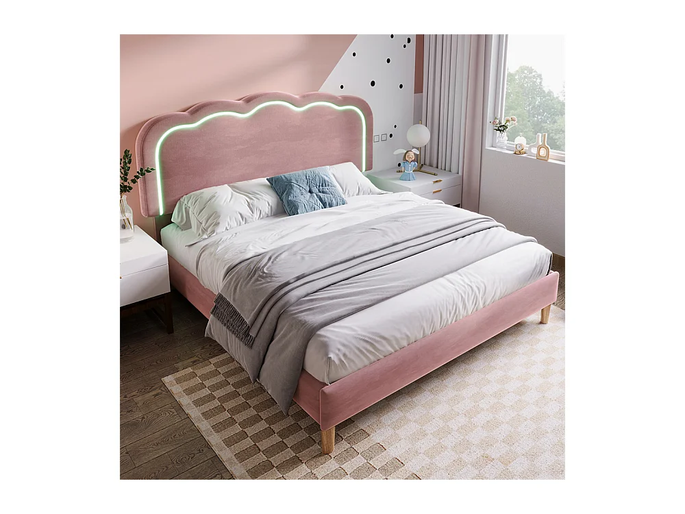 Lit jeune lit 140x200 cm lit lattes de bois lit rembourré lit led double velours rose