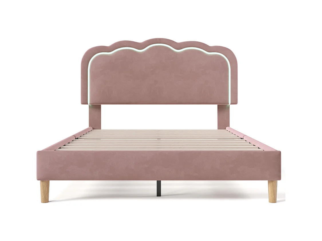 Lit jeune lit 140x200 cm lit lattes de bois lit rembourré lit led double velours rose