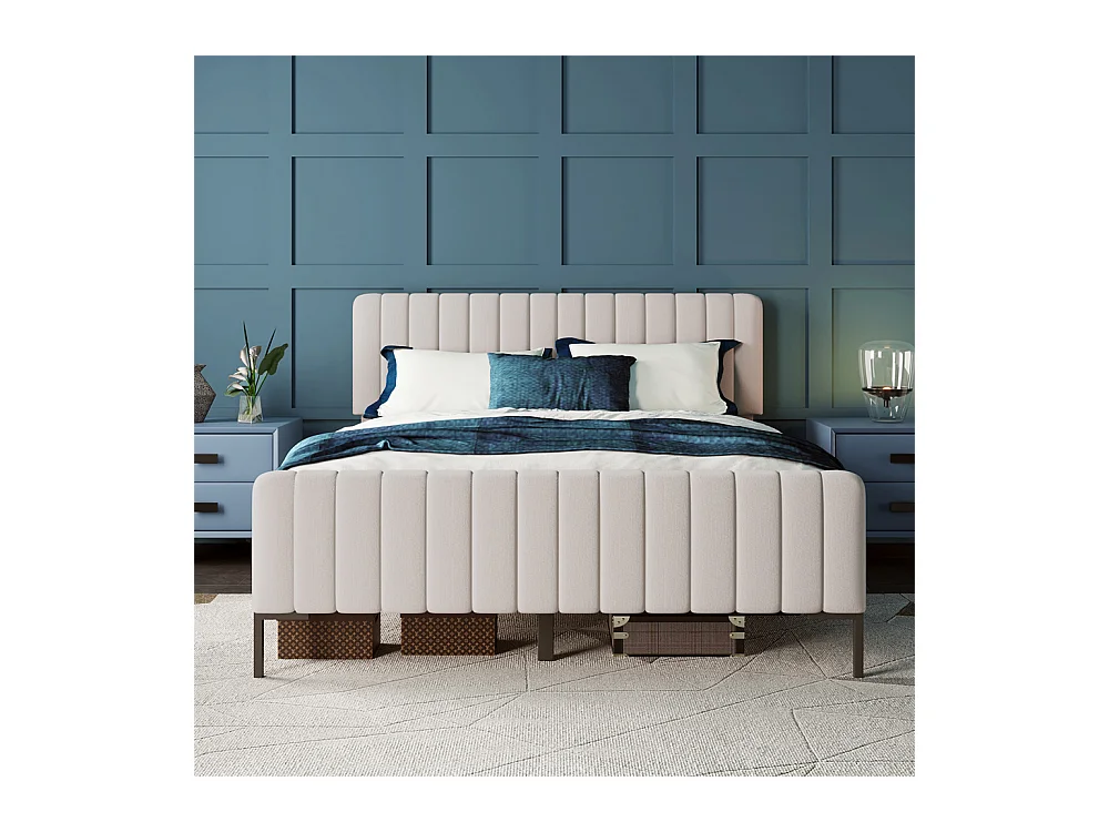 Lit jeune lit 140x200 cm lit rembourré avec sommier à lattes lit double lin gris-beige