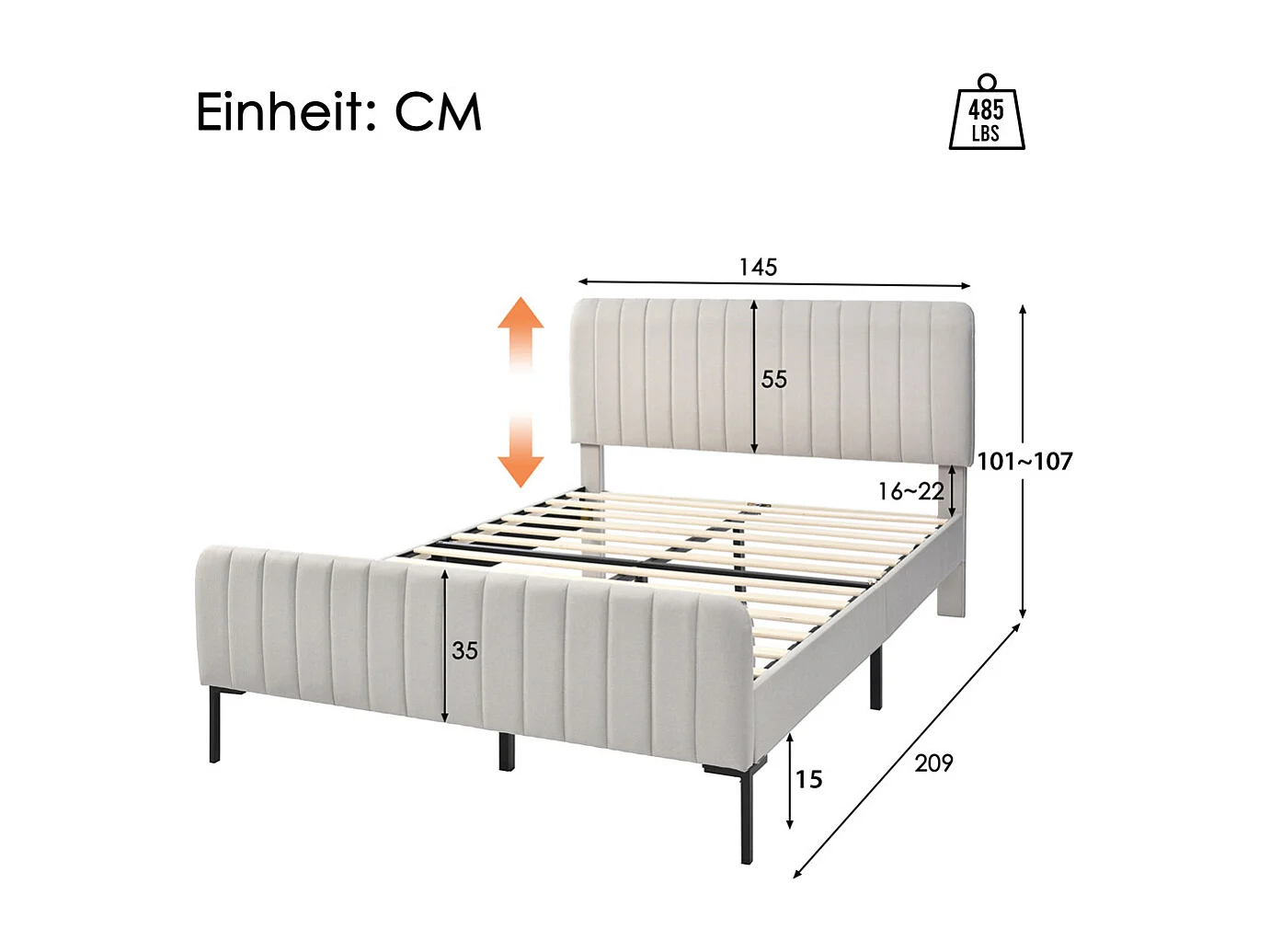 Lit jeune lit 140x200 cm lit rembourré avec sommier à lattes lit double lin gris-beige