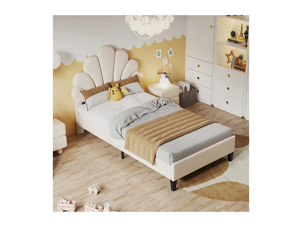 Lit rembourré lit d'enfant 90 x 200 cm, cadre de lit avec tête de lit en forme de fleur et sommier à lattes, lit d'adolescente, lit d'invité, tissu velours, beige