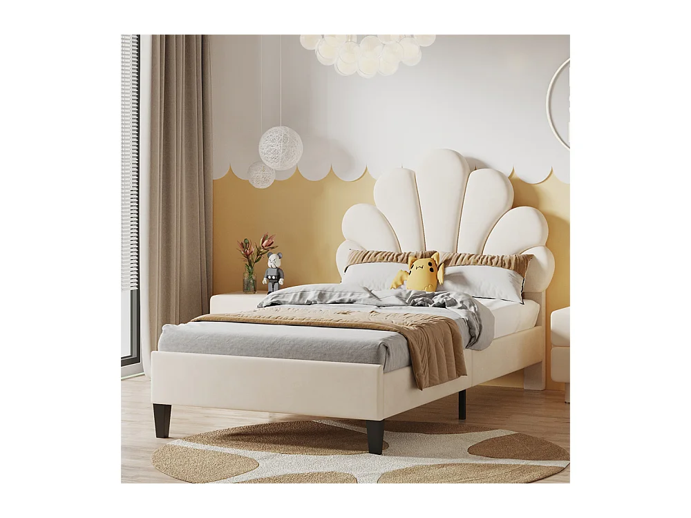 Lit rembourré lit d'enfant 90 x 200 cm, cadre de lit avec tête de lit en forme de fleur et sommier à lattes, lit d'adolescente, lit d'invité, tissu velours, beige