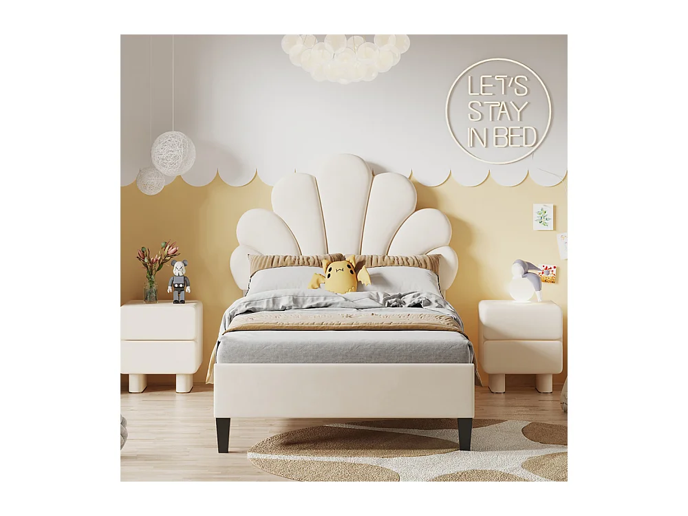 Lit rembourré lit d'enfant 90 x 200 cm, cadre de lit avec tête de lit en forme de fleur et sommier à lattes, lit d'adolescente, lit d'invité, tissu velours, beige
