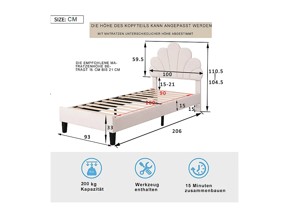 Lit rembourré lit d'enfant 90 x 200 cm, cadre de lit avec tête de lit en forme de fleur et sommier à lattes, lit d'adolescente, lit d'invité, tissu velours, beige