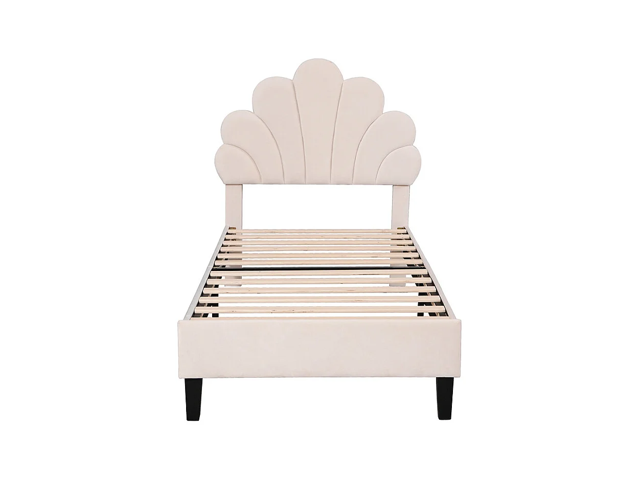 Lit rembourré lit d'enfant 90 x 200 cm, cadre de lit avec tête de lit en forme de fleur et sommier à lattes, lit d'adolescente, lit d'invité, tissu velours, beige