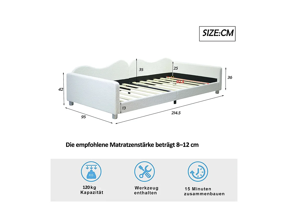 Lit jeune lit 90x200 cm lit rembourré lit simple canapé-lit velours blanc