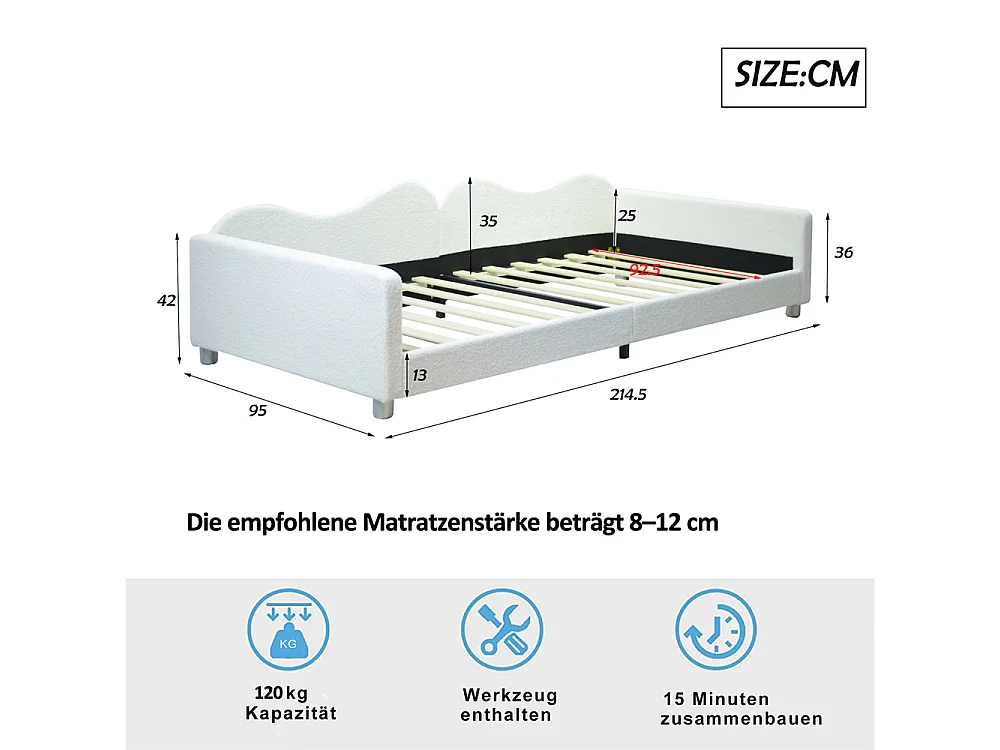 Lit jeune lit 90x200 cm lit rembourré lit simple canapé-lit velours blanc