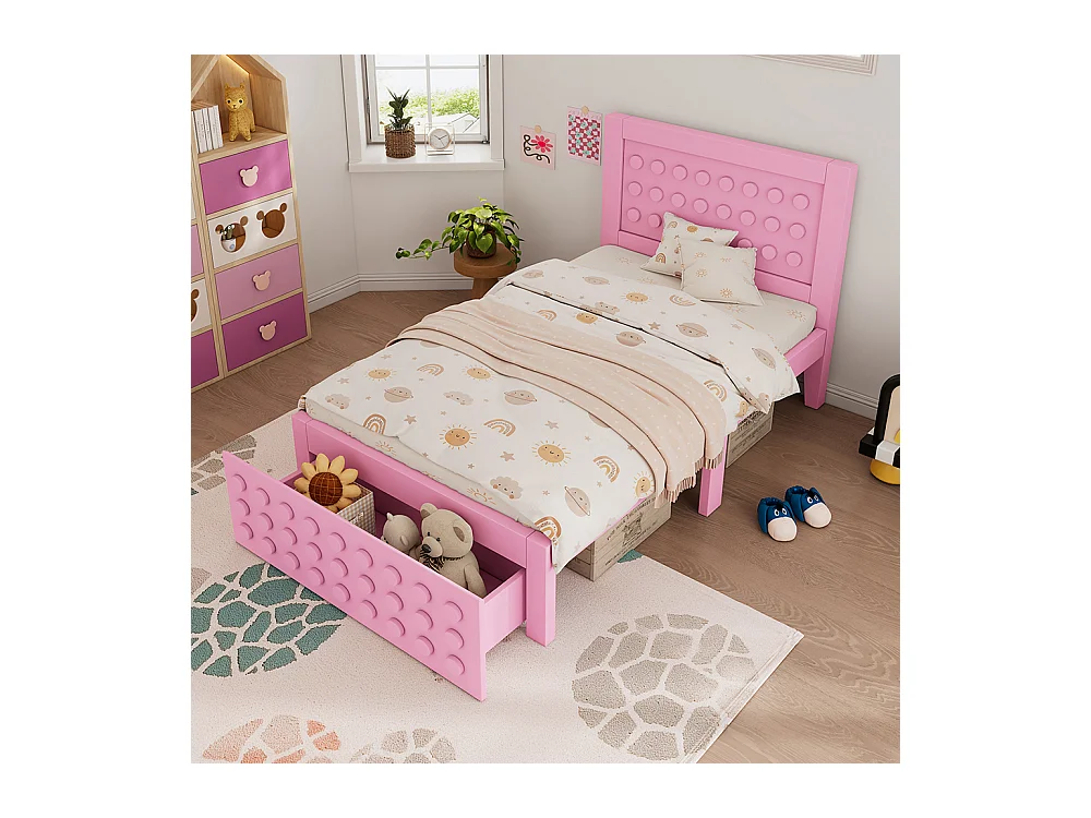 Lit simple en bois 90x190 cm, lit enfant au design créatif en blocs, avec tiroirs, rose, sans matelas