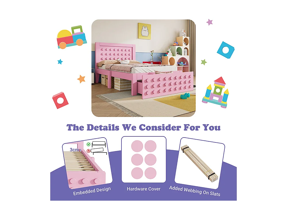 Lit simple en bois 90x190 cm, lit enfant au design créatif en blocs, avec tiroirs, rose, sans matelas