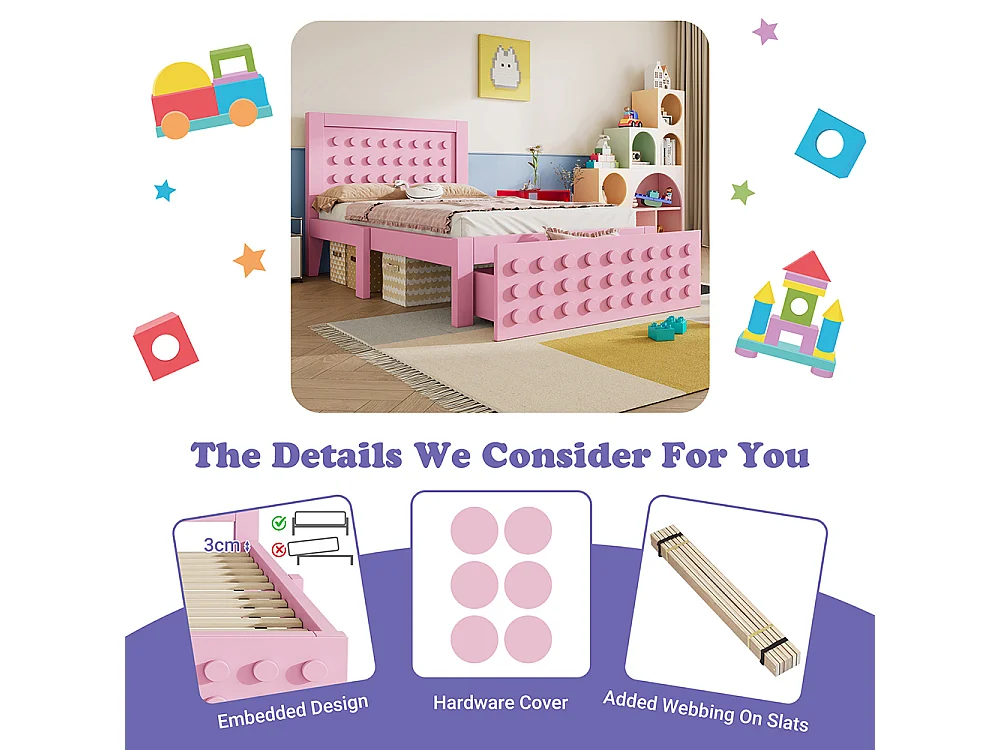 Lit simple en bois 90x190 cm, lit enfant au design créatif en blocs, avec tiroirs, rose, sans matelas