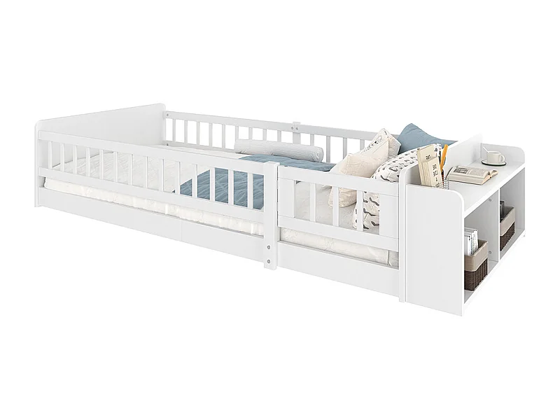 Lit en bois, lit d'enfant 90x200cm, avec rangement ouvert, étagères, armoire ouvrante, pin+mdf, blanc, sans matelas