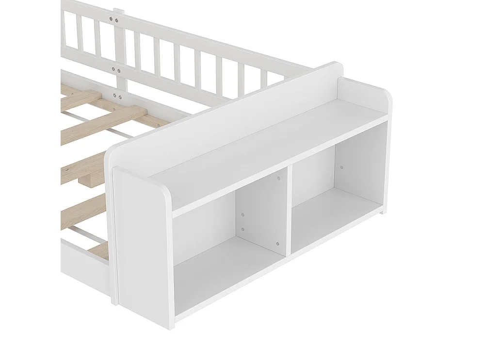 Lit en bois, lit d'enfant 90x200cm, avec rangement ouvert, étagères, armoire ouvrante, pin+mdf, blanc, sans matelas