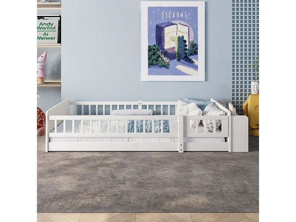 Lit en bois, lit d'enfant 90x200cm, avec rangement ouvert, étagères, armoire ouvrante, pin+mdf, blanc, sans matelas