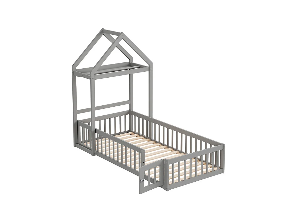 Lit jeune lit 90x200 cm lit en bois massif avec barrière de sécurité complète, portes et cadre à lattes pin gris